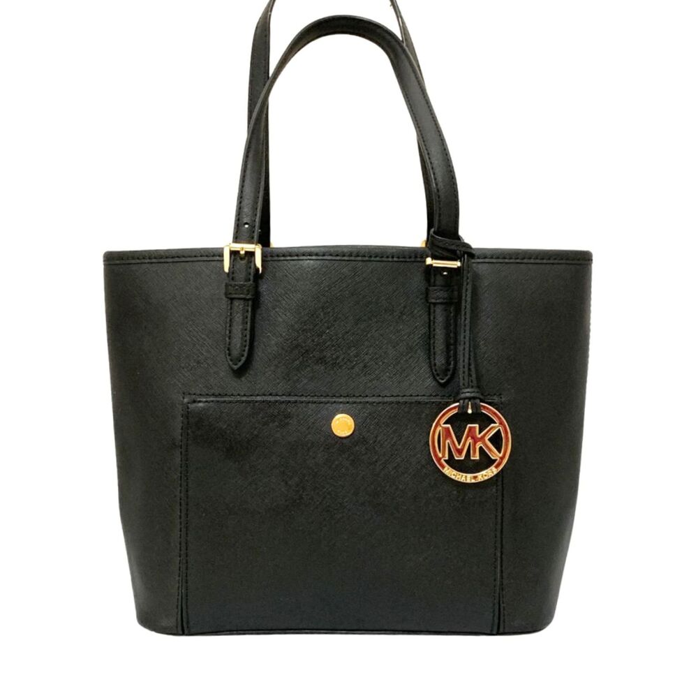 Michael Kors Black Saffiano Tote Shoulder Bag Gold MK Charm Front Pocket